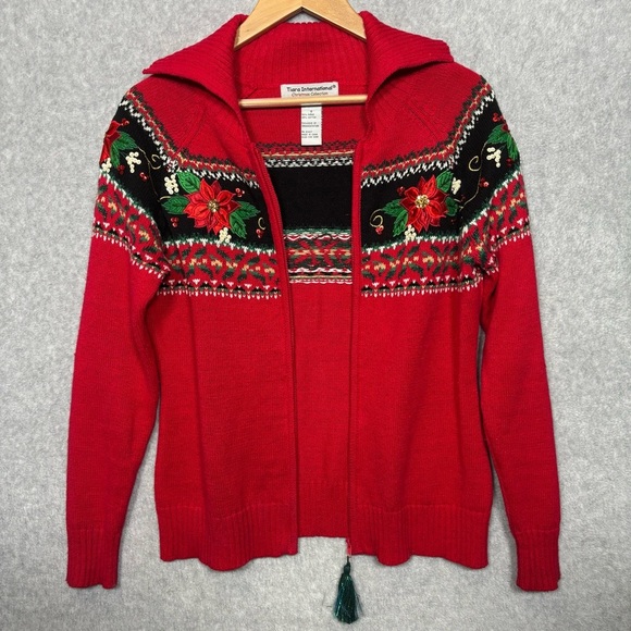 Tiara International Christmas Zip Front Cardigan Sweater-Red Poinsettia-Women S - Picture 7 of 7